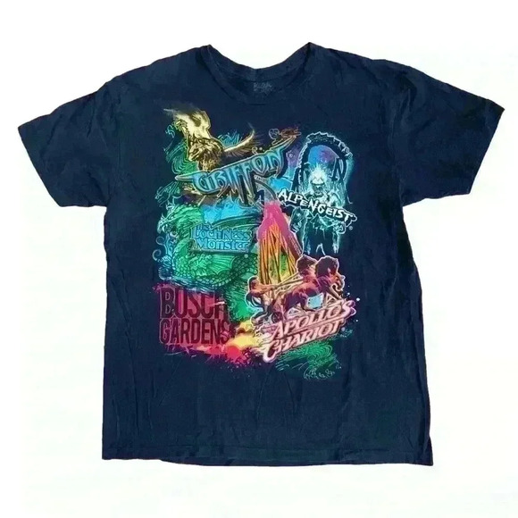 Busch Gardens Authentic Rare Theme Park Rides Y2K Colorful Graphic Tee Shirt L - Picture 1 of 7